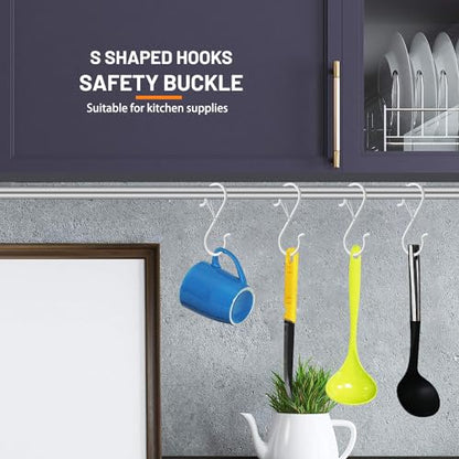 12 PCS S Hooks for Hanging with Safety Buckle, Heavy Duty Metal S Hooks - color: White