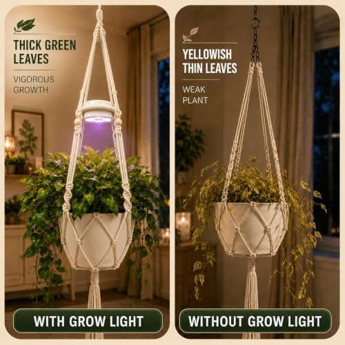 Rechargeable Hanging Plant Grow Lights for Indoor with Timer, Wireless Battery Powered Full Spectrum Growing Light with Macrame Plant Hanger, Wall/Ceiling Mounted Planta Luz for Home Decor（2 Pack）