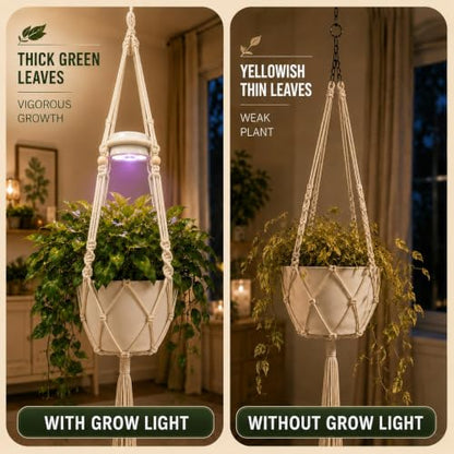 Rechargeable Hanging Plant Grow Lights for Indoor with Timer, Wireless Battery Powered Full Spectrum Growing Light with Macrame Plant Hanger, Wall/Ceiling Mounted Planta Luz for Home Decor（2 Pack）