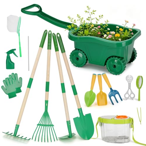 16Pcs Kids Gardening Tools,2-in-1 Kids Garening Wheelbarrow Toys - color: Dark green