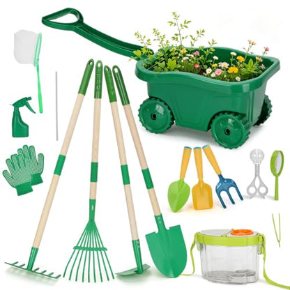 16Pcs Kids Gardening Tools,2-in-1 Kids Garening Wheelbarrow Toys - color: Dark green