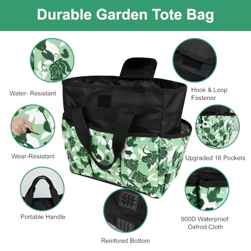 Portable Gardening Tool Tote Bag Organizer with 16 Pockets & Handle - color: Green Rose