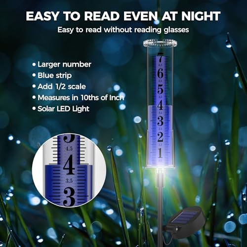 Upgraded Solar Rain Gauge Outdoor, LED Light Rain Gauges for Yard