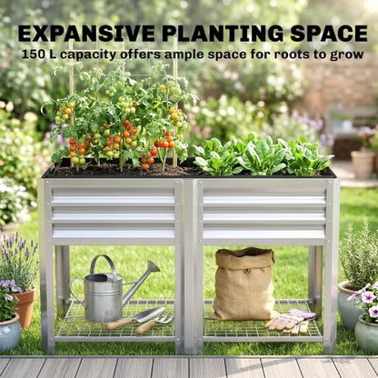 Outsunny Galvanized Steel Raised Garden Bed with Storage Shelf, Silver - color: Silver