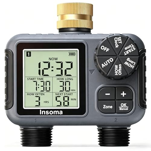 Insoma 2-Zone Sprinkler Timer with Brass Inlet, Water Hose Timer with Auto/Manual Modes + Rain Delay, Big LCD Display, for Garden, Yard Lawn, IPX5 Waterproof & Save Water - size: 2 Zone-V2.0