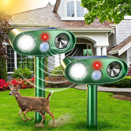 2Pack Upgraded Ultrasonic Deer Repellent for Plants Solar Animal Repellent Outdoor with Motion Sensor Strobe Light for Rabbit Cat Deterrent Raccoon Squirrel Fortress Pro Keep Pests Out of Yard Farm