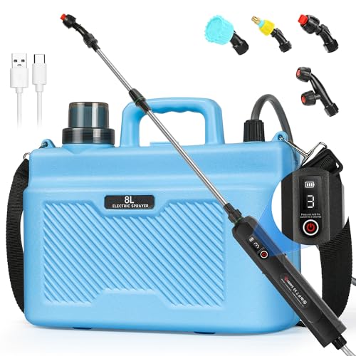 Battery Powered Garden Sprayer 2 Gallon, 3 Adjustable Pressure Rechargeable Electric Weed Sprayer with 4 Spray Nozzles, Telescopic Wand, Battery Indicator, Adjustable Strap for Lawn Garden