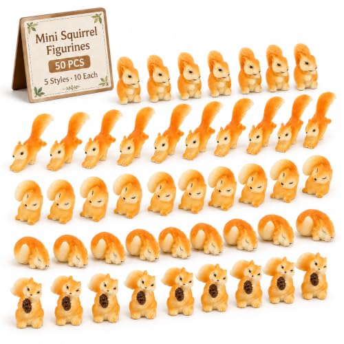 Yardwe 50 Pcs Mini Resin Squirrel Figurines, Bulk Tiny Animal Figures for Fairy Garden Accessories, Miniature Sculpture for Terrarium Decor, Cake Toppers, Succulent Pot Ornaments, Moss Landscape