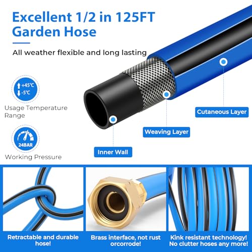 Retractable Garden Hose Reel, 1/2" x 131FT Heavy Duty Automatic Retractable Hose Reel Wall Mount, with 10- Function Sprayer Nozzle, Any Length Lock/Auto Rewind/180°Swivel - size: 130 Ft