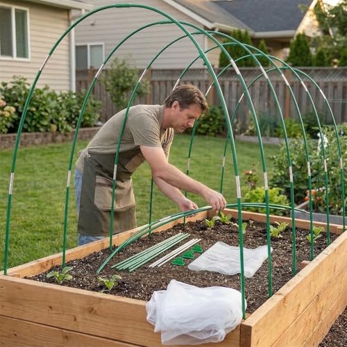 Garden Netting Kit for Raised Beds, 10x30FT Plant Cover Ultra Fine Mesh Netting & 6 Sets Fiberglass Garden Hoops & 18 Clip, Vegetable Plants Fruits Row Cover Birds Animals Barrier Protection Net