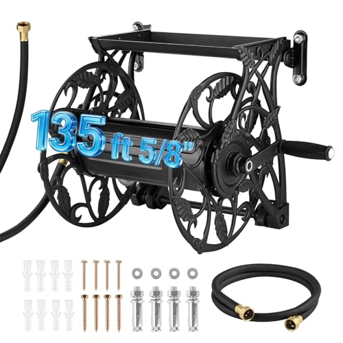 VEVOR Wall Mounted Garden Hose Reel, Holds 135 Feet of 5/8-inch Hose, Outdoor Heavy-Duty Waterhose Holder Winder, with Widened Top Tray, Aluminum Alloy Connector, Decorative Pattern, for Backyards - color: Black, size: 135ft, 5/8-inch, Wall Mounted