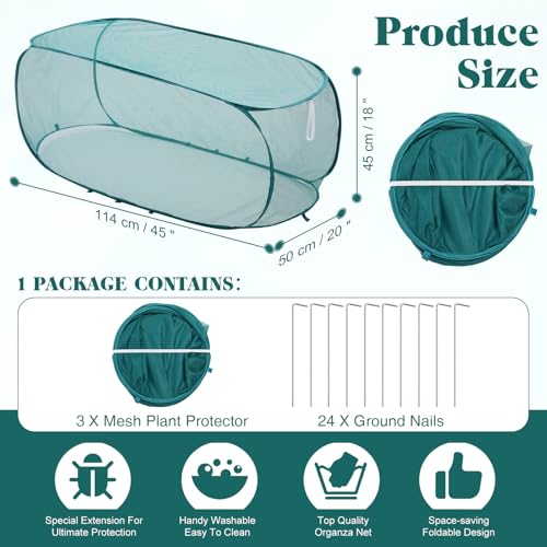 Threehoney 3 Pcs 45" x 20" x 18" Foldable Garden Rows Plants Cover Vegetable Mesh Plant Protector Net Cage Guard with Ground Nails for Protecting Vegetables Fruits Seedlings Flowers