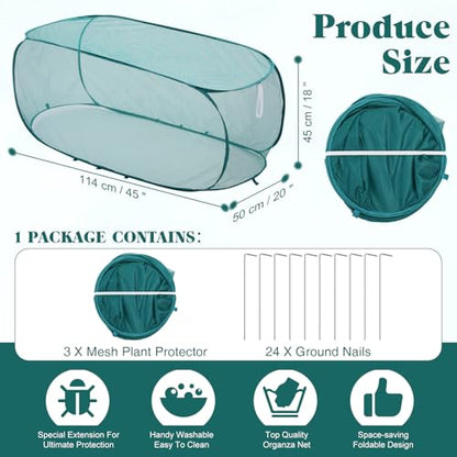 Threehoney 3 Pcs 45" x 20" x 18" Foldable Garden Rows Plants Cover Vegetable Mesh Plant Protector Net Cage Guard with Ground Nails for Protecting Vegetables Fruits Seedlings Flowers