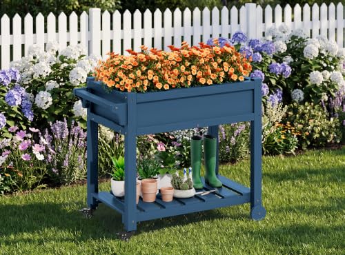 SERWALL Raised Garden Bed on Wheels with Storage Shelf Set of 2,Navy - color: Navy, size: 2 Pack