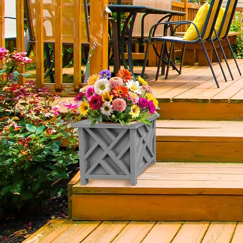 Pure Garden Lattice Design Outdoor Planter Box, Gray, 15.5” Square 16.5” - color: Gray