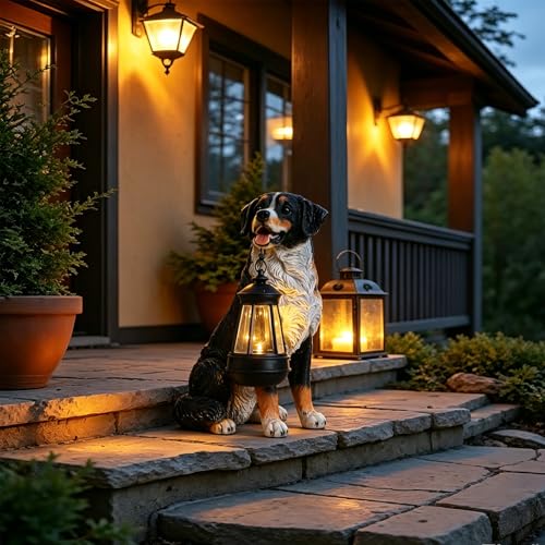 Dog Garden Statue, Bernese Mountain Dog Statue Holding Lantern Yard Art - style: Bernese Mountain Dog