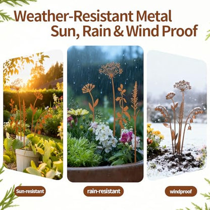 Outdoor Decor Metal Flower Garden Stakes, 5-Piece Yard Art Set for Lawn Patio Walkway Flower Bed, Rustic Farmhouse Dandelion & Fern Metal Garden Decorations for Outside