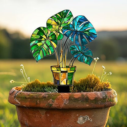 Stained Glass Monstera Plant Acrylic Garden Stake, Indoor and Outdoor Garden Acrylic Decoration, Idea Gift for Flower Potted Ornament and Landscape Beautification, Suitable for Courtyards and Lawn