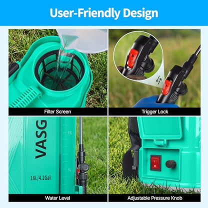 21V 2.6Ah Battery Powered Backpack Sprayer 4 Gallon with 6 Nozzles - color: Green