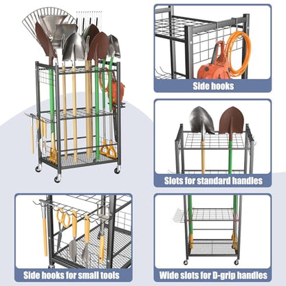 WALMANN Garden Tool Organizer on Wheels, Rakes/Shovels/Yard Tools Stand, M