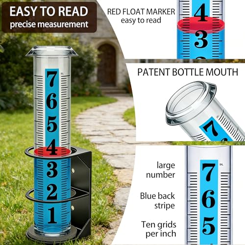 YZDTECH Rain Gauge Outdoor, Accurate Rain Gauges Outdoors Best Rated with Metal Rack Holder, Large Water Gauge with Red Float, Water Rain Meter with Thickened Plastic Large Font Tube for Yard Garden - color: Metal rain gauge style 2