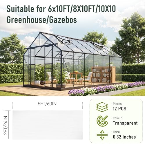 Bezseller 12 Pcs 5'x2' Polycarbonate Greenhouse Panels, Translucent White - color: Transparent, size: 0.32"丨12 Pcs