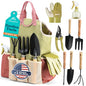 APSARAS USA Gardening Tools, Garden Tool Set, 10 Pieces Heavy Duty Sturdy Steel Gardening Tool Set with 600D Oxford Cloth Storage Tote Bag, Durable Supplies Kit Perfect Garden Gifts for Father - style: Wood Handle and Sturdy Steel