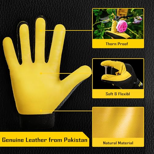 COOLJOB Breathable Mesh Cowhide Leather Work Gloves with Grip, Thorn Resistant Gloves for Gardening Pruning, 1 Pair, S-XL - size: Medium