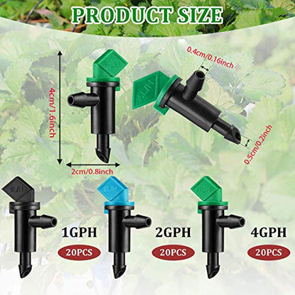 60-Pack Flag Drip Emitters for Drip lrrrigation, 3 Sizes,1/2/4 GPH