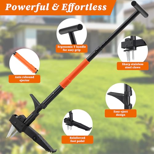 Stand-Up Weeder Puller Tool with Quick-Release Ejector & Foot Pedal, 39” Adjustable Long T Handle, 4 Claw Steel Head for Effortless Deep Root Weed Removal, Heavy Duty Garden Manual Weeder Tool