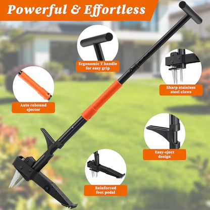 Stand-Up Weeder Puller Tool with Quick-Release Ejector & Foot Pedal, 39” Adjustable Long T Handle, 4 Claw Steel Head for Effortless Deep Root Weed Removal, Heavy Duty Garden Manual Weeder Tool