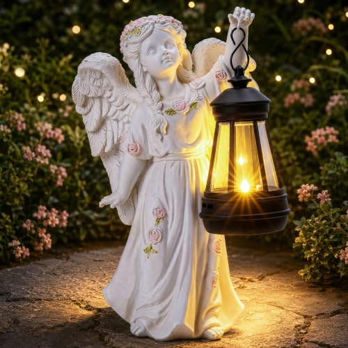Solar Angel Statue Outdoor Garden Decor, 9" Cherub Figurine with Hanging Lantern, Resin Sculpture for Patio, Lawn, Cemetery Memorial - color: White-angel 04