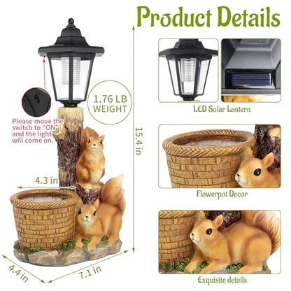 Solar Squirrels Outdoor Statues, Garden Sculpture with Flowerpot & Lantern - color: Squirrels
