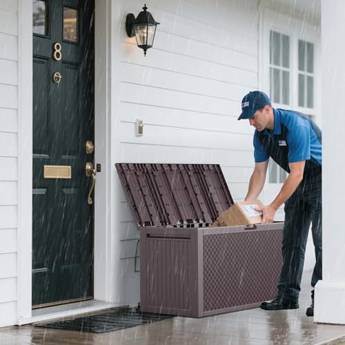 VINGLI 90 Gallon Lockable Durable Outdoor Storage Box, Brown - color: Brown