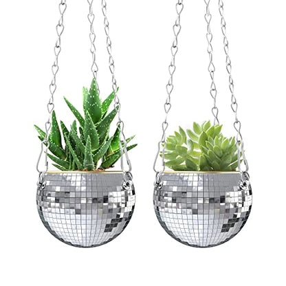 moonoom 2 Pcs Hanging Disco Ball Planter - 4Inch Sliver Disco Mirror Ball Planter with Chain - Home Boho Hanging Planter for Indoor Outdoor Plants