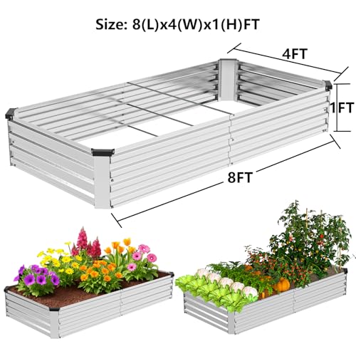 2 Pack 8x4x1FT Galvanized Metal Raised Garden Bed Kit for Vegetables, Herbs, Open-Bottom Large Capacity Outdoor Planter Box Gardening Stakes, Silver - size: 8x4x1FT(2PCS)