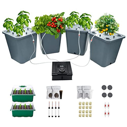 4 Hydroponic Buckets Kit for Plants, Hydroponics Growing System for Herbs/Tomato/Vegetables, DWC System with Air Pump & Germination Tray (Complete Indoor Hydroponic Gardening Supplies) - size: 4 Buckets Kit (Grey)