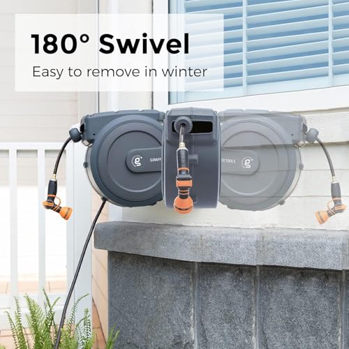 Giraffe Tools Retractable Garden Hose Reel Auto Rewind Wall Mount 5/8" 95FT - size: 5/8''90ft Metal Bracket