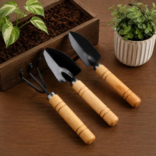 3 Pcs Mini Garden Tools Set, Small Gardening Hand Tools with Wooden Handles, Mini Rake, Trowel and Shovel for Succulents, Bonsai, Flower Pots, Indoor Plants and Seedlings