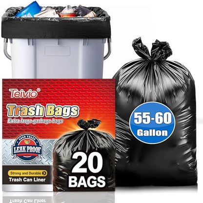 Teivio Large Black Trash Bags 55-60 Gallon 20 Count 50 Gal Garbage Bags