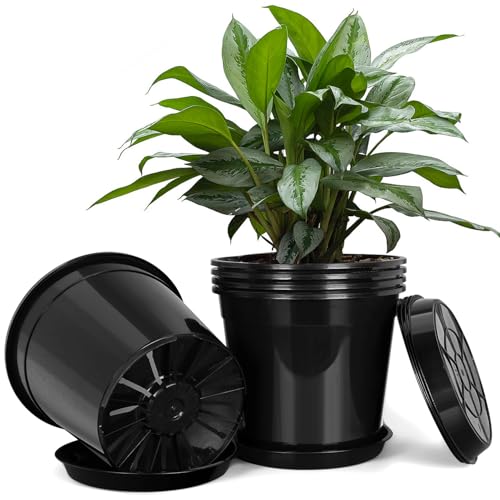 FUIJOL 5 Gallon Plastic Pots with Drip Trays, Sturdy Gallon Plant Pots with Drainage Holes, Large Gallon Pots for Flowers, Ideal for Indoor and Outdoor Use (5Gallon-5PACK) - size: 5Gallon-5PACK