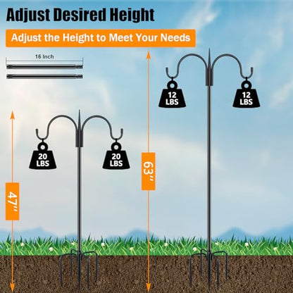 FEED GARDEN Small Shepherds Hook 63" Double Hooks Adjustable (47/63") - Alloy Steel 5-Prong Base, 12lb Capacity - Easy Assembly Bird Feeder Pole for Hanging Planters, Lanterns, Wind Chimes - size: 63 Inch