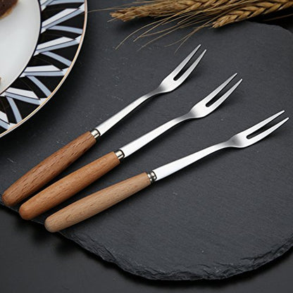 6 Pcs Wooden Handle Stainless Steel Two Prong Forks Fruit Cake Appetizer Forks