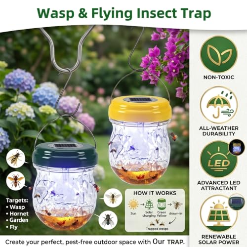 4 Pack Solar Wasp Traps Outdoor Hanging, Bee Traps for Outside