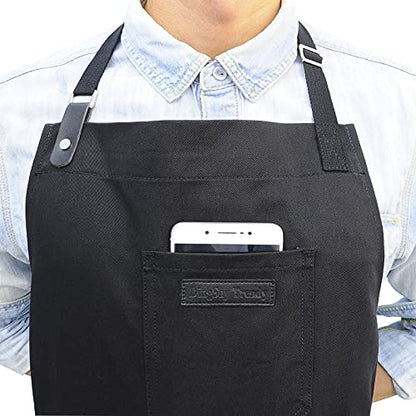 Black Kitchen Apron for Cooking, with Pockets & Towel Loop - color: Black Cotton
