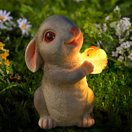 Solar Rabbit Garden Statues Outdoor Decor Resin Bunny Figurine Holding Mushroom with LED Lights for Porch Patio Lawn Yard Christmas Housewarming Gardening Gifts for Mom Grandma - color: Rabbit Holding Mushroom