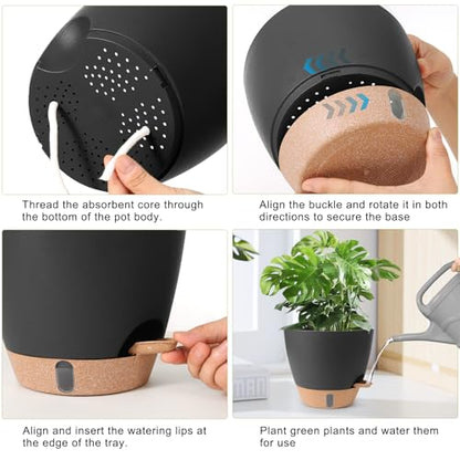Self Watering Pots for Indoor Plants 12/10/9/8 Inch Plastic with Reservoir - color: Black
