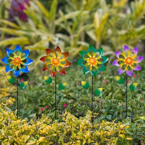 4 Pack Wind Spinners Outdoor, Colorful Metal Flower Windmill - size: 4 Pack-27x7