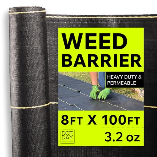 Weed Barrier Fabric Heavy Duty 8ft x 100ft, 3.2 oz Woven Landscape Fabric for Gardens, Raised Beds & Landscaping, UV-Stabilized Permeable Ground Cover with Yellow Planting Guides, Black, DOTDAY Shield - size: 8 x 100ft