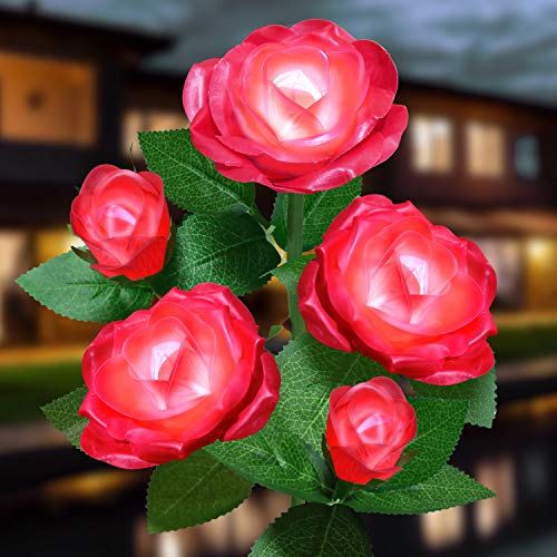 Solar Flower Lights Outdoor - Upgraded New Material Two Modes Realistic LED Solar Powered Waterproof Lights with 5 Roses, Solar Decorative Stake Lights for Garden (Red, 1 Pack) - color: Red, size: 1 Pack